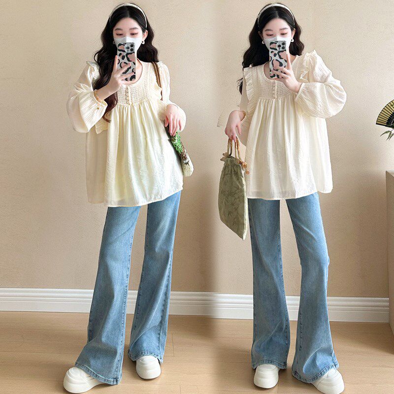 新品孕妇春装上衣洋气减龄小个子孕妇H装短款圆领娃娃衫宽松春秋