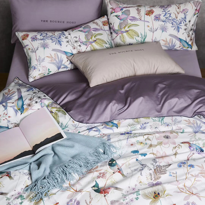 极速春季花鸟床上用品60支长绒棉贡缎数码印花全棉四件套W1.8m田