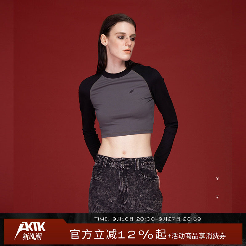 AKTKT恤 秋冬新款 原创设计复古修身辣妹拼色印花长袖T恤女图片