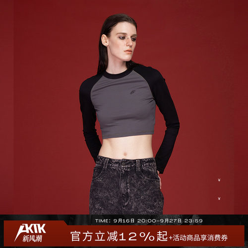 AKTKT恤 秋冬新款 原创设计复古修身辣妹拼色印花长袖T恤女