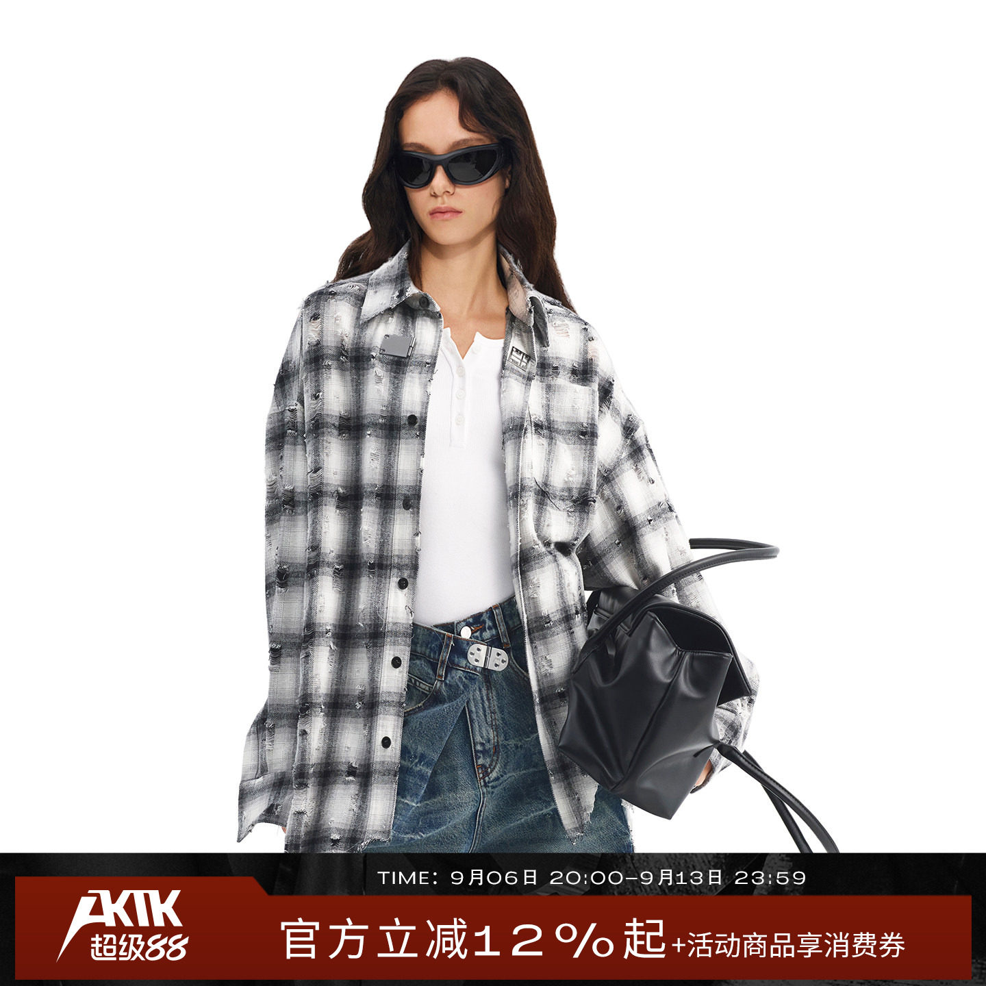 AKTK【孙天宇、徐洁儿同款】复古中性破洞格子衬衫宽松上衣图片