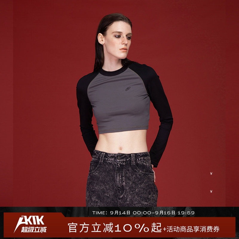 AKTKT恤 秋冬新款 原创设计复古修身辣妹拼色印花长袖T恤女图片