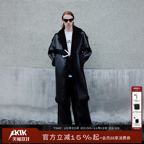 金属扣拼接皮衣外套大衣