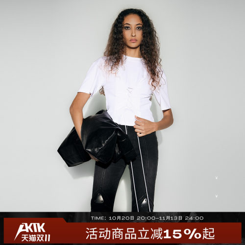 AKTK 三角牌朋克风纯色短袖圆领短款纯棉修身型系带收腰上衣T恤