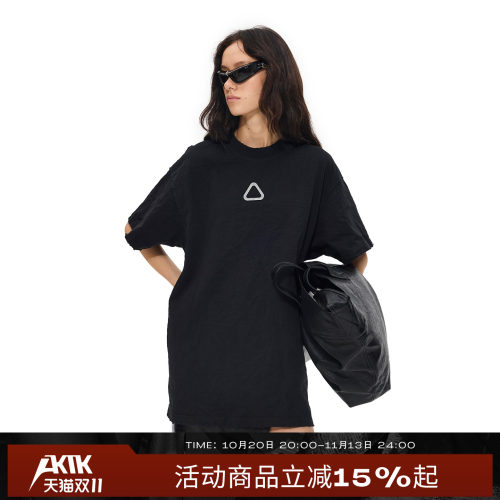 AKTK 夏天穿搭纯棉三角牌男女同款水洗黑色T恤修身内搭宽松上衣