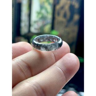 缅甸料冰种翡翠乌鸡戒指 A货玉石戒圈水墨山水意境指环油黑玉尾戒