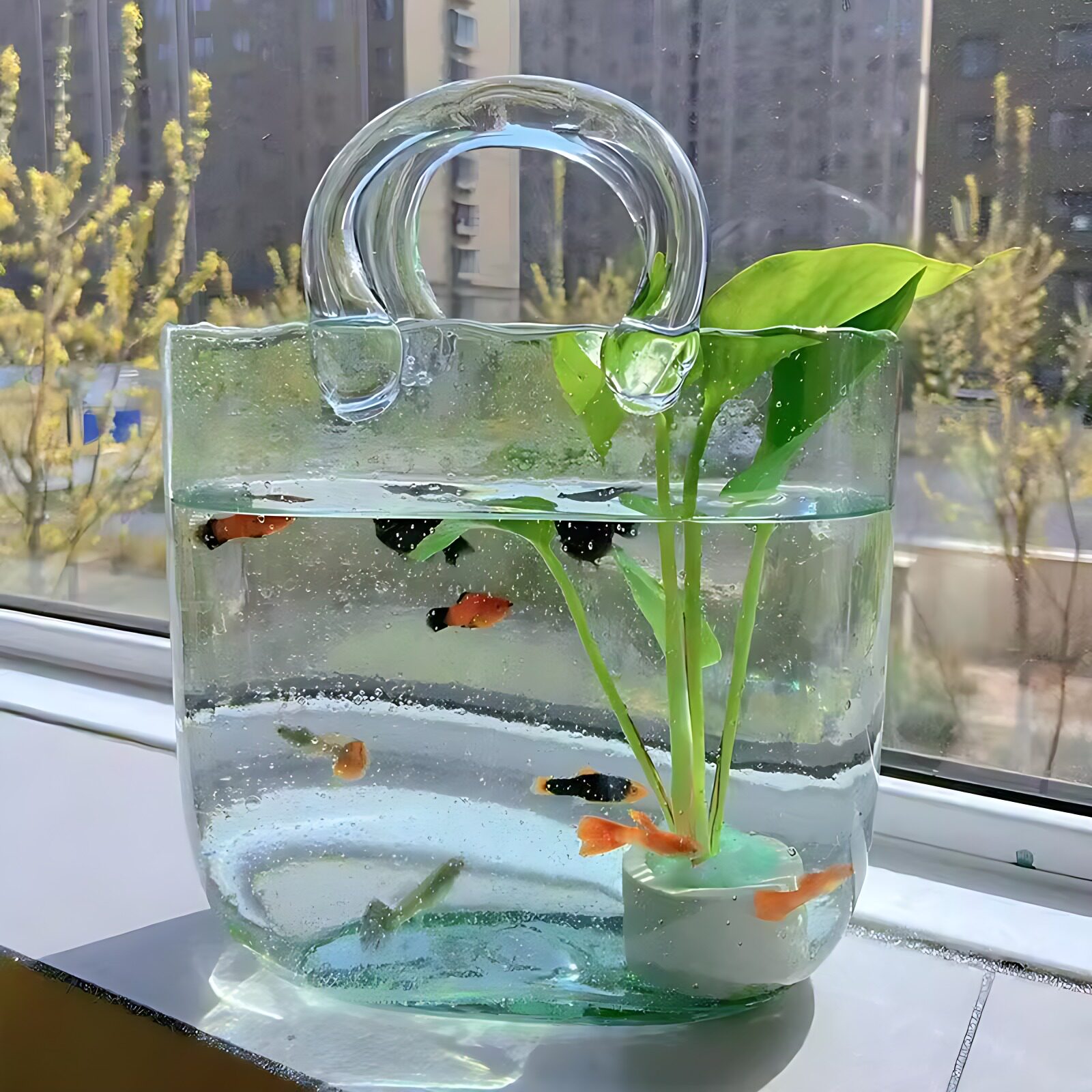 玻璃花瓶鱼缸一体透明手提包包客厅插花篮摆件水培鲜花绿萝器皿大