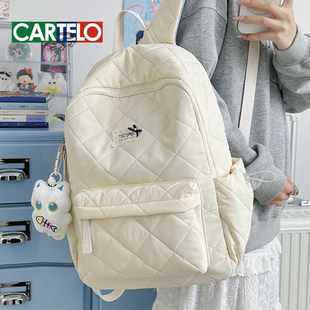 韩系ins软糯糯白色夹棉秋冬新款背包菱格可爱旅行通勤轻便双肩包