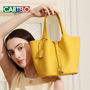 加大号高品质真皮菜篮子TC头层牛皮小众高级感精致手提水桶包女包