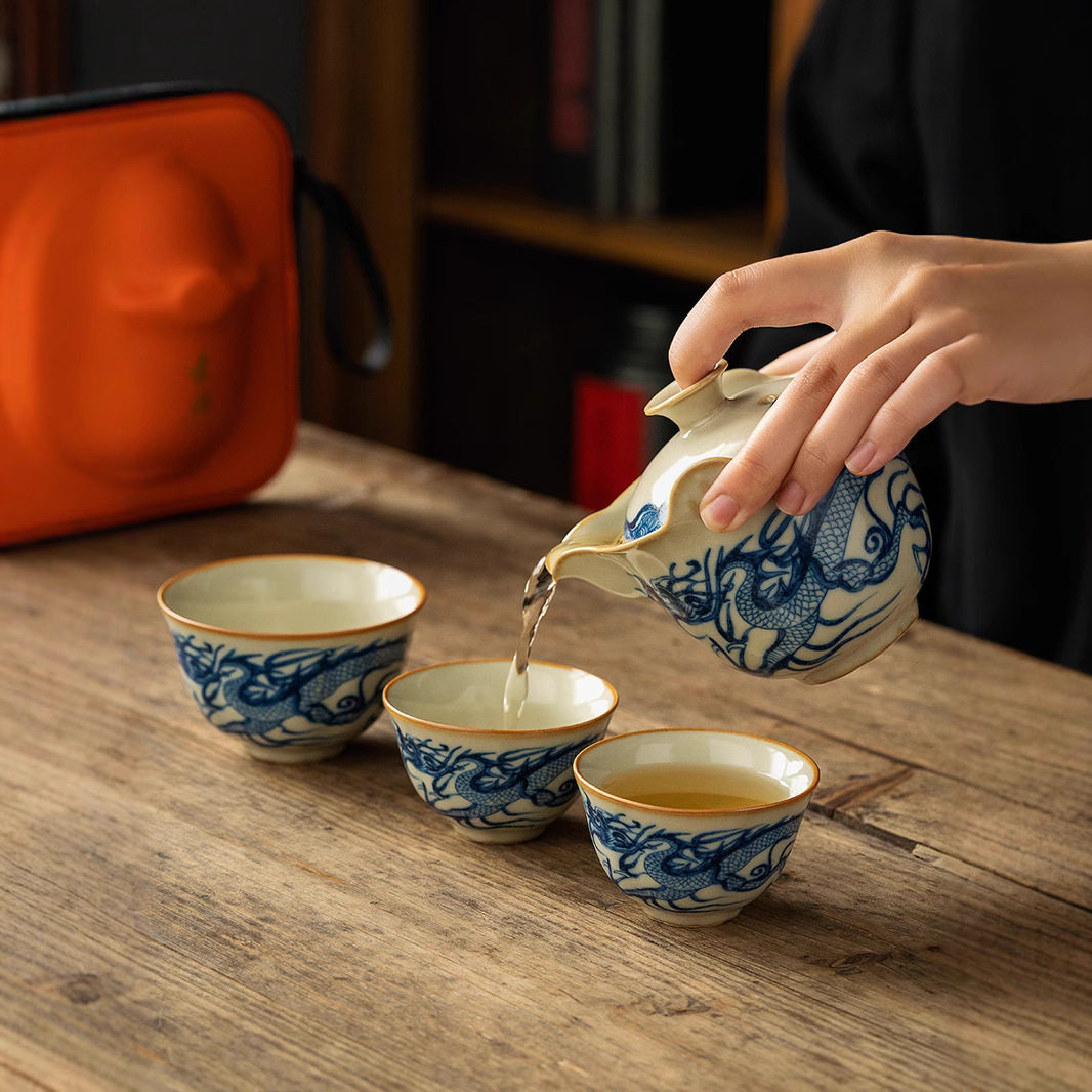汝窑快客杯旅行茶具一壶三杯户外露营茶具套装喝茶装备陶瓷便携式