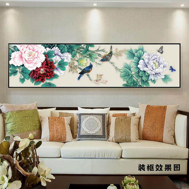 新中式牡丹花卉客厅装饰画沙发卧室背景墙壁床头横款挂画无框画芯图片