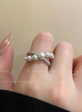 法式轻奢时尚珍珠交叉设计戒指女时尚个性百搭戒指高级开口可调节