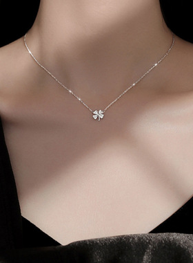 韩式冷淡风项链银色四叶草项链女小众轻奢新款幸运叶子吊坠项链