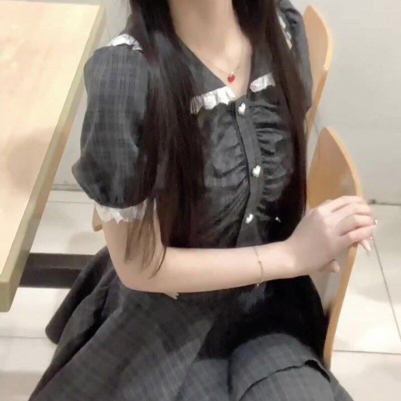 现货速发不规则甜美系格子连衣裙2025夏季新款收腰韩版a字蓬蓬裙