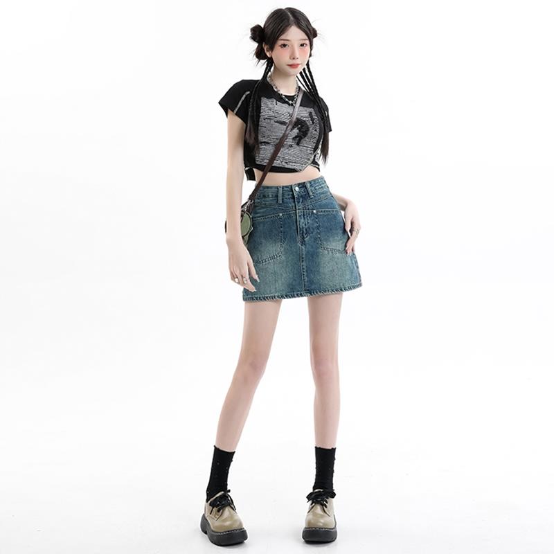 BRN网红牛仔半身裙女辣妹高腰A字裙宽松显瘦设计感裤裙包臀短裙子