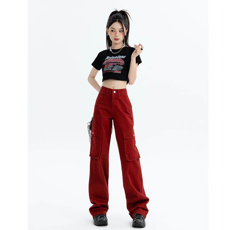 RTRX美式高街宽松阔腿红色工装裤女春秋2024年新款街舞裤拖地长裤