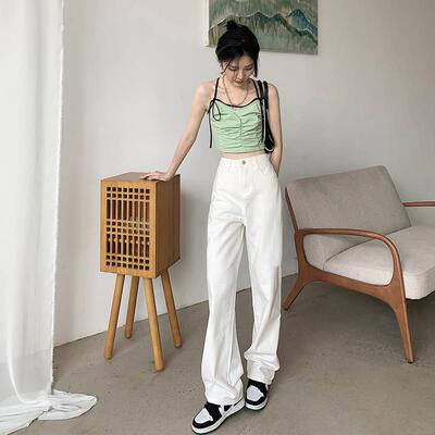 DTFT高腰阔腿白色牛仔裤女秋冬2021新款宽松垂感薄绒拖地直筒裤子