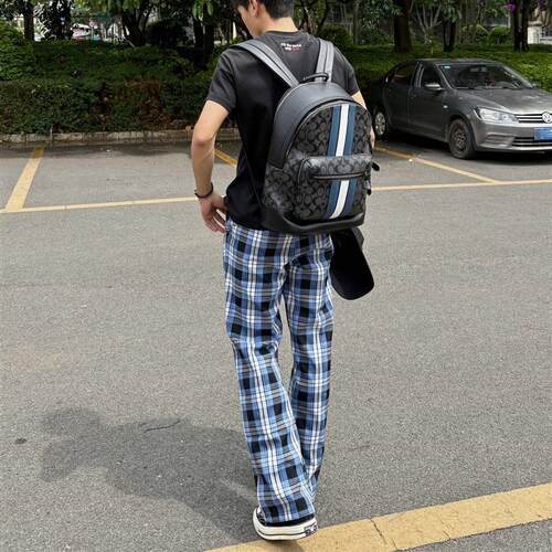 ZLAYCO美式蓝色格子条纹直筒中腰系带百搭宽松卫裤透气长裤休闲裤