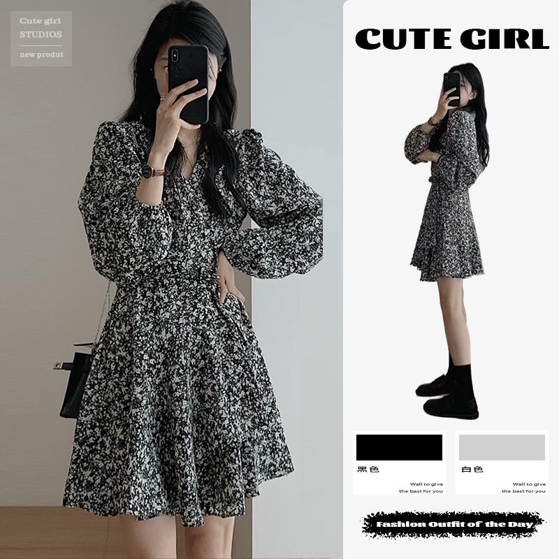 法式气质高级感穿搭小个子v领黑色碎花长袖连衣裙女2025新款春秋