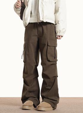 0123Start 复古美拉德棕色大口袋工装裤男女街头hiphop宽松直筒裤