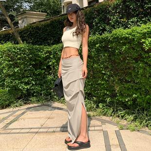 LEIYU速干工装 半身裙女夏2025显瘦开叉包臀裙欧美ins辣妹褶皱长裙