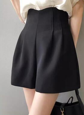 黑色阔腿西装裤女2025春季新款小个子时尚高腰休闲裤A字花苞短裤