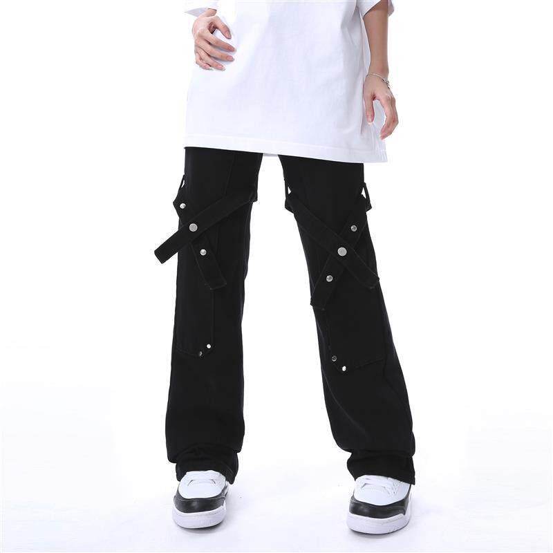 AJEM美式复古绑带设计感微喇叭直筒牛仔裤高街黑色休闲工装裤子男