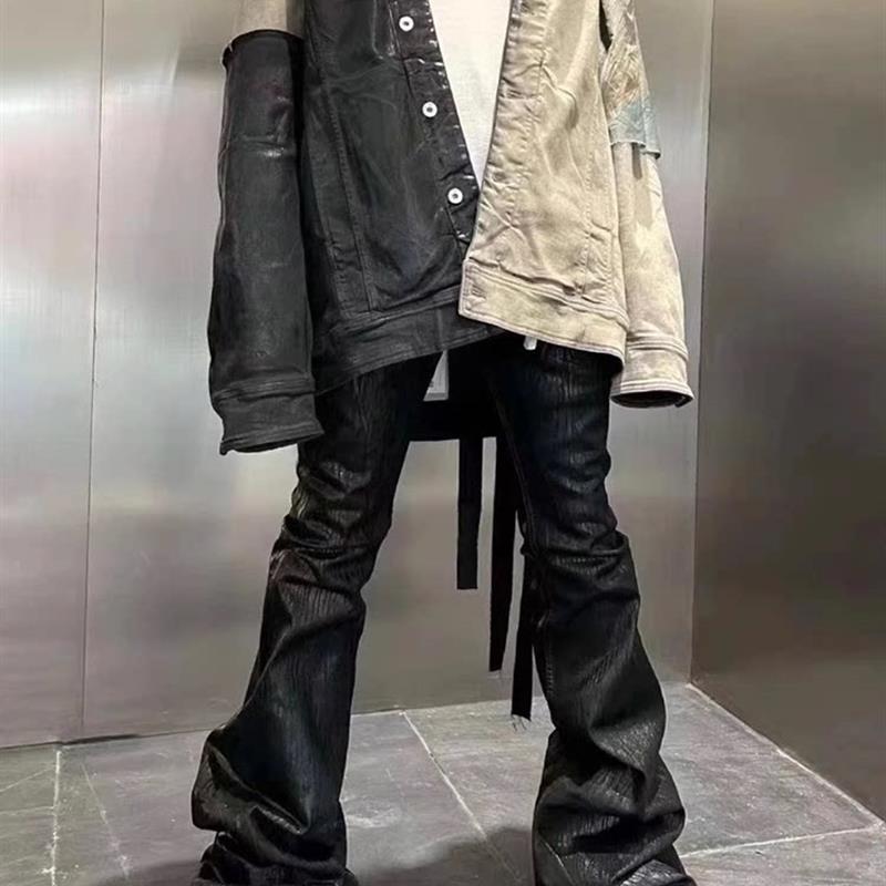 RO风格美式小众暗黑刷蜡涂层纯黑色高弹飘带牛仔裤阔腿微喇叭裤男