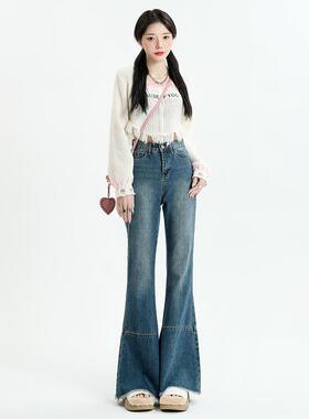 RTRX复古蓝毛边微喇牛仔裤女2024年新款高腰显瘦修身小个子牛仔裤