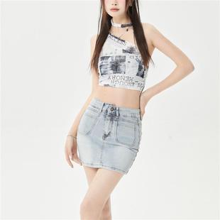 温姗美式水洗高腰牛仔短裙女夏季防走光包臀显瘦超短a字辣妹裙子