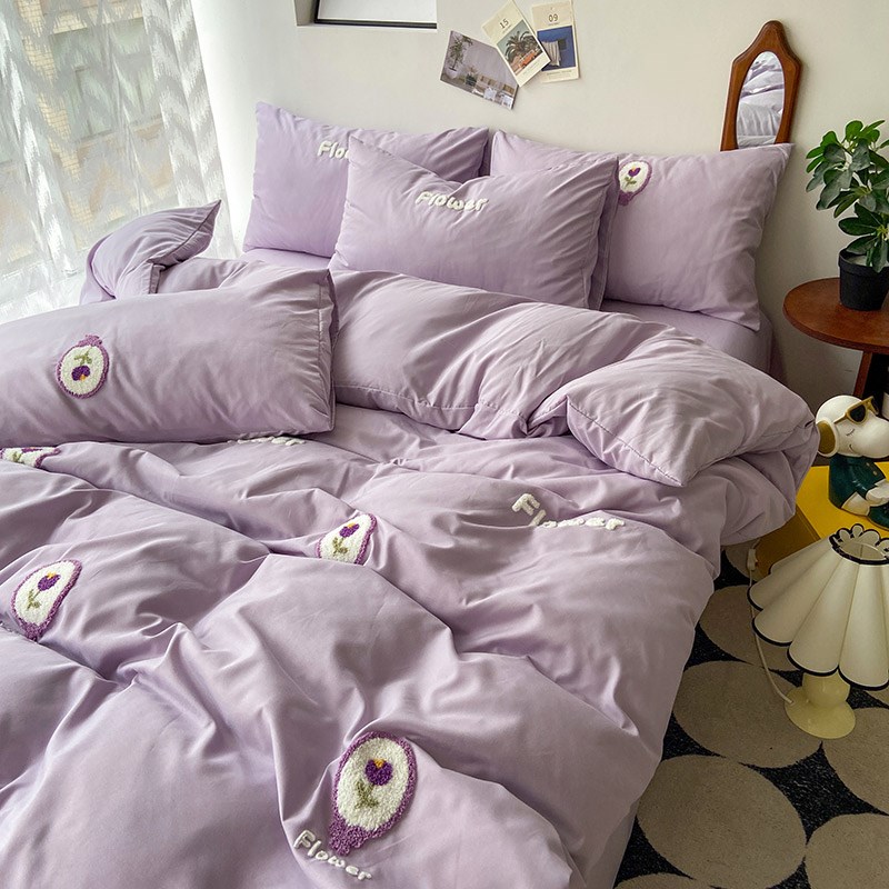 极速insc韩系水洗棉刺绣紫色郁金香四件套少女被套罩床笠单人宿舍