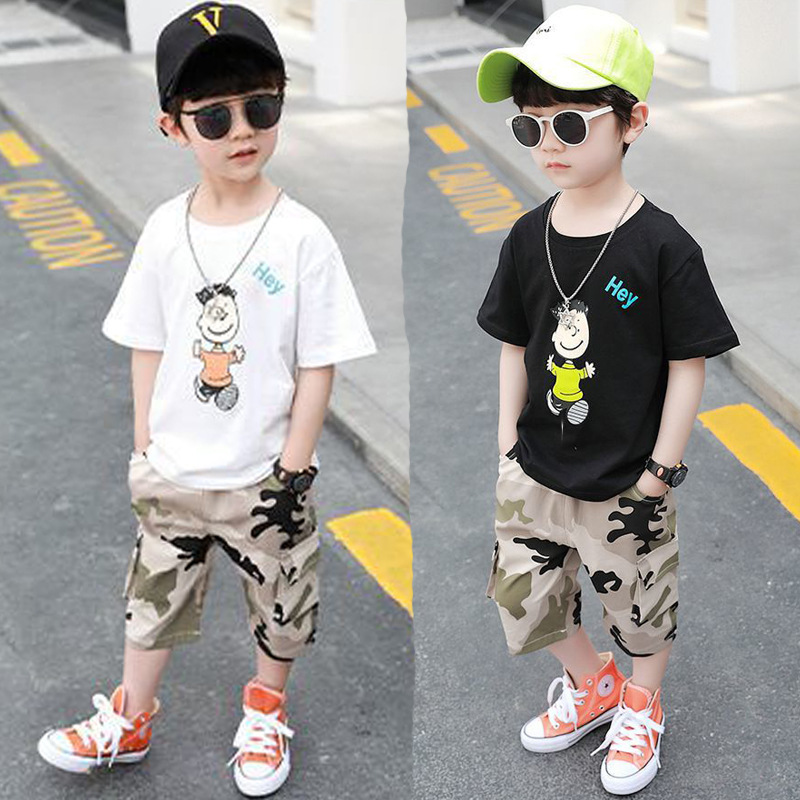 极速男童卡通小人套装休闲20x22夏季韩版宝宝短袖上衣+迷彩短裤两
