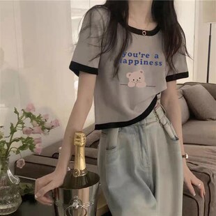 短款 新品 t恤女修身 纯棉复古短袖 小个Q子洋气甜辣高腰上衣 2025新款