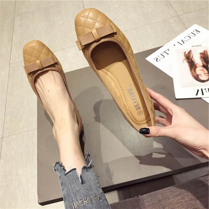 极速香港2023秋季p蝴蝶结黑色韩版软皮菱格方头平底单鞋女浅口豆