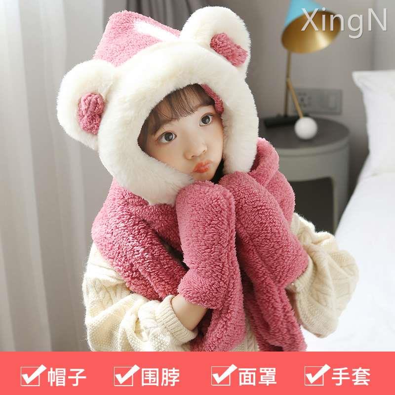 极速儿童帽子围巾手套一体秋冬可C爱女童宝宝套头帽子围脖套装加