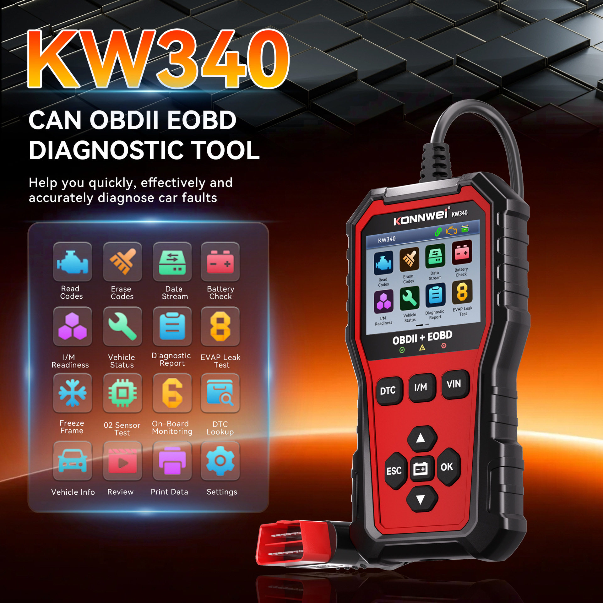 跨境KW340汽车故障诊断仪汽车OBD诊断仪汽车故障扫描仪ecureader