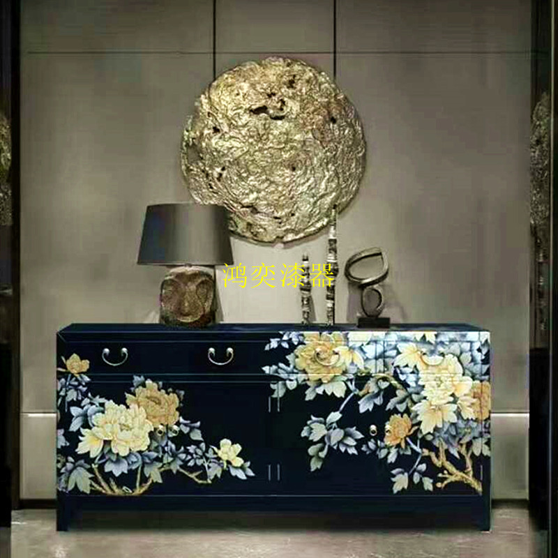 新中式漆器玄关柜实木手绘彩绘古典门客厅漆器画储物装饰鞋柜家具