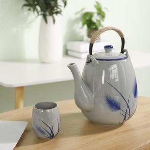 粗陶2升1.5升提梁壶餐厅泡茶壶家用凉水壶 陶瓷大茶壶手绘复古日式