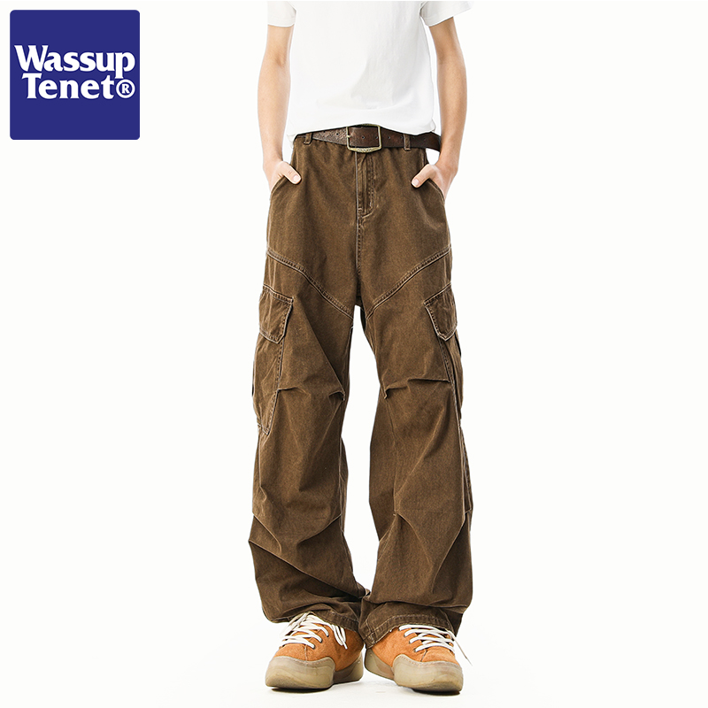 Wassup tenet日系复古咖色工装裤子男款春季潮流宽松阔腿裤伐木裤
