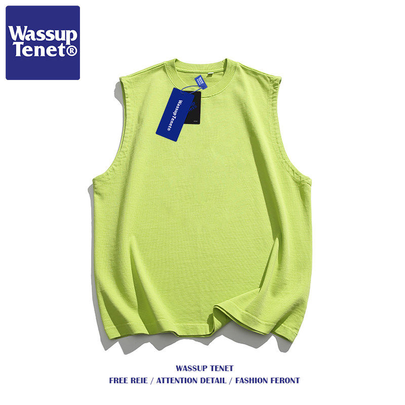 Wassup tenet日系纯色潮牌情侣无袖背心男士夏季休闲宽松坎肩上衣