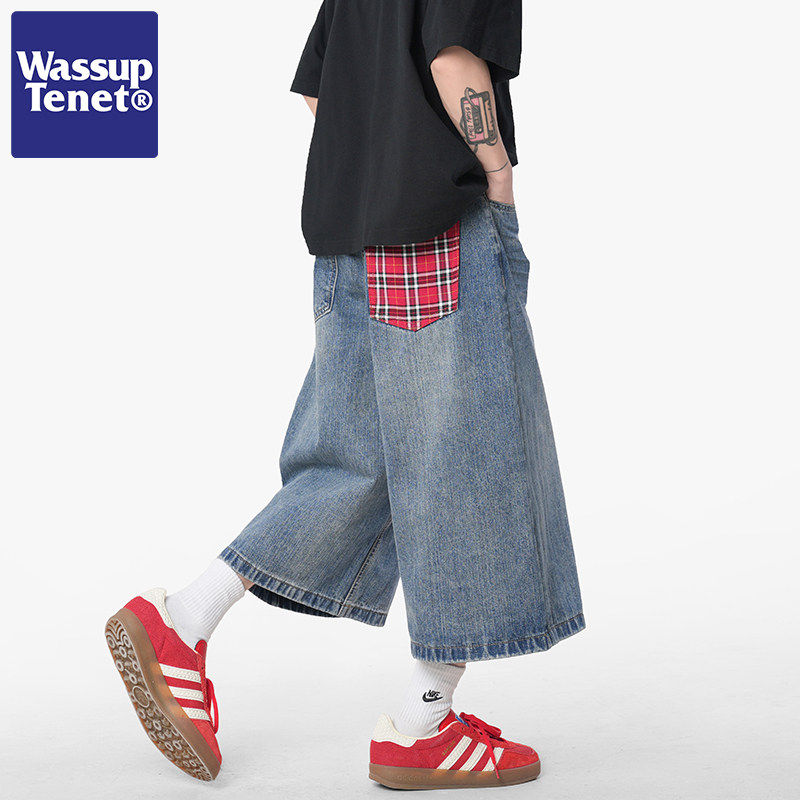 Wassup tenet潮牌水洗牛仔短裤男士夏季港风凉感宽松休闲七分裤子