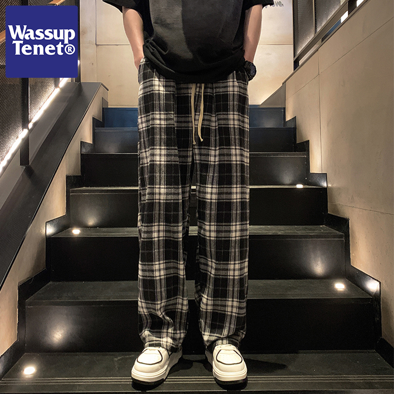 Wassup tenet格子运动裤子男士秋季新款休闲阔腿裤潮牌宽松直筒裤