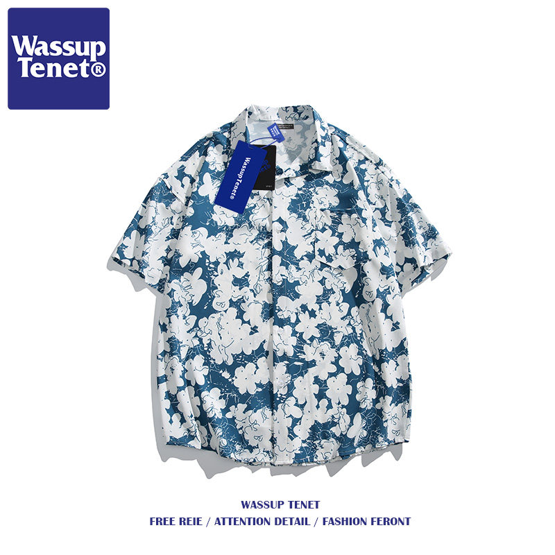 Wassup tenet夏季新款国潮短袖花衬衫男潮流海边度假情侣装衬衣男
