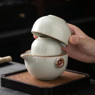 米黄汝窑快客杯一壶二杯手抓泡茶壶茶杯个人专用露营便携旅行茶具