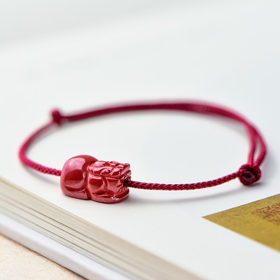 速发本命年朱砂手链单珠六字真言貔貅原矿砂手工编织红绳脚链