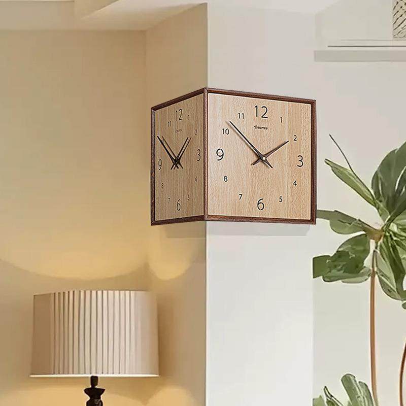 客厅拐角钟表家用现代简约转角餐厅双面时钟挂表实木