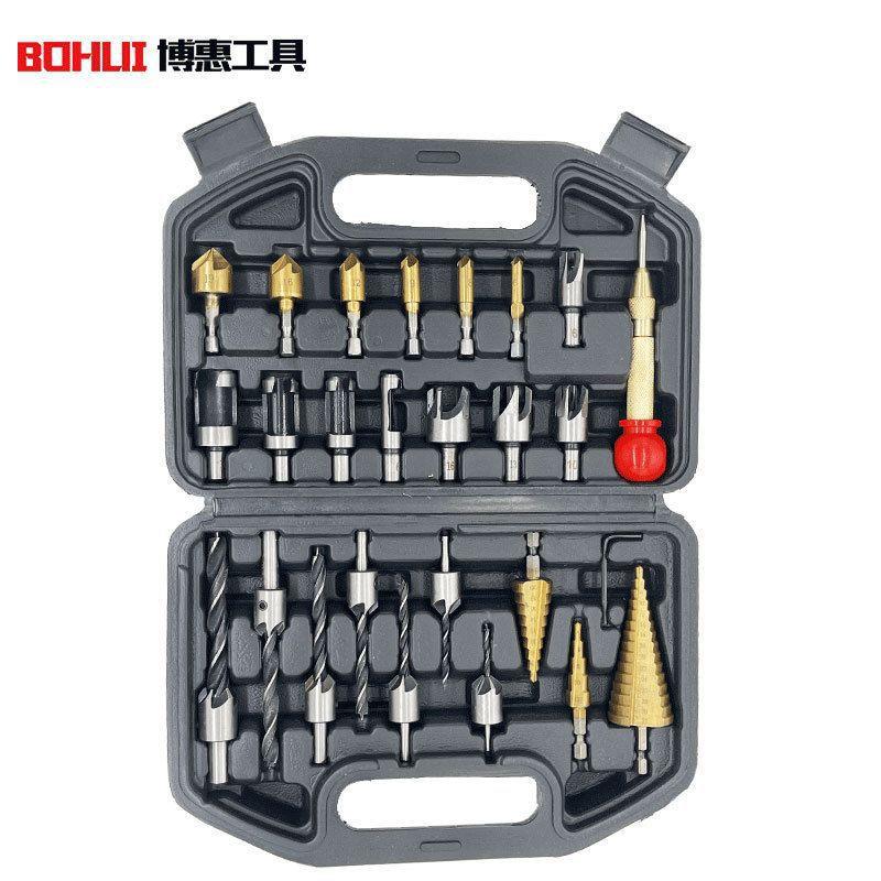 开孔工具26件套装宝塔钻中心冲三尖钻五刃倒角器木塞钻全套