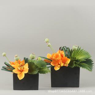 新中式日式橙色仿真花艺套装售楼部吧台洽谈桌茶几托盆餐厅摆件设