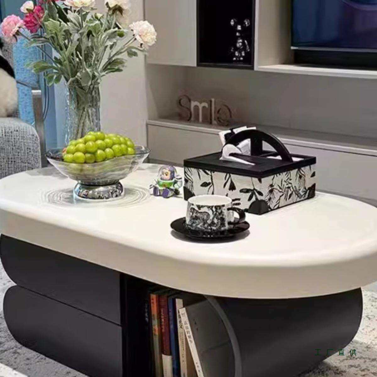 轻奢茶几小户型家用客厅奶油简约现代岩板椭圆形设计小圆茶几