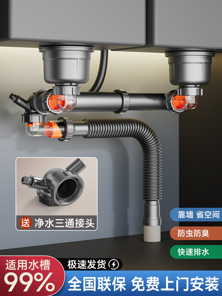 厨房后置下水管单槽双盆升级洗菜池排水管超省空间水槽防臭下水器